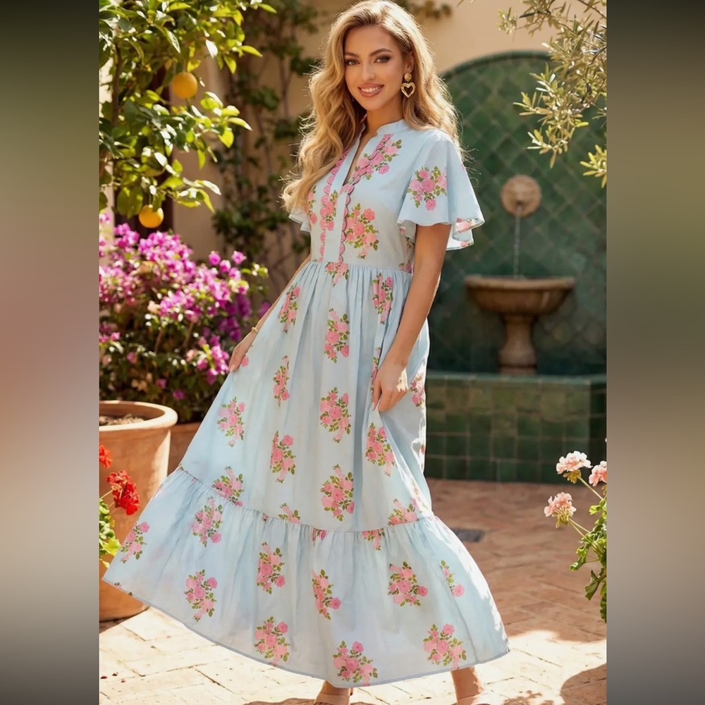 Light Blue Floral Maxi Dress with Flutter Sleeves